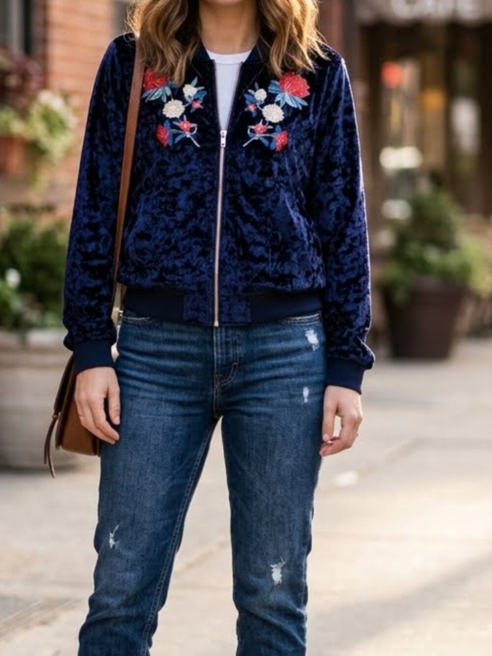 Solitaire Woman's Dark Blue Crushed Velvet Embroidered Bomber Jacket Size M